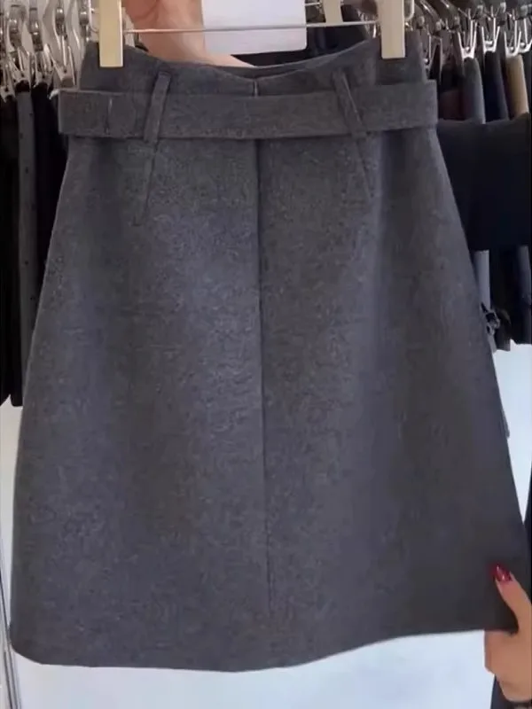 High Waist Grey Woolen A-Line  Skirt Women's Fashion Spring Straight Cut Versatile Skirts Korean Style Breathable Skin-Fr...