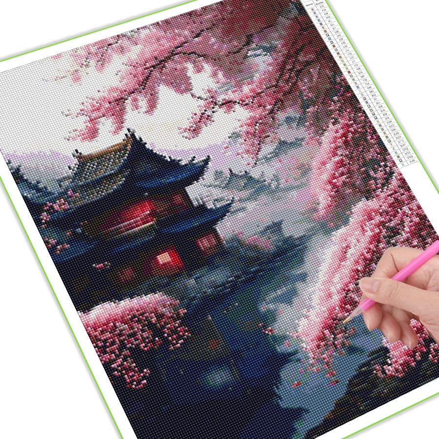 Diy Mosaic Art Japanese Cherry Blossoms Diamond Painting Waterfall Temple Landscape Full Rhinestone Embroidery Picture AA4518