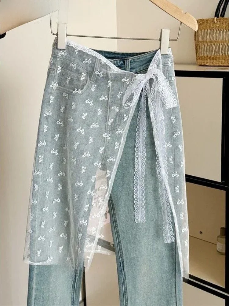 Korean Floral Embroidery Lace Horetong Layering We mid Waist PVC Fabric H-Shape Batwing Sleeve Skirt for Middle-Aged Women