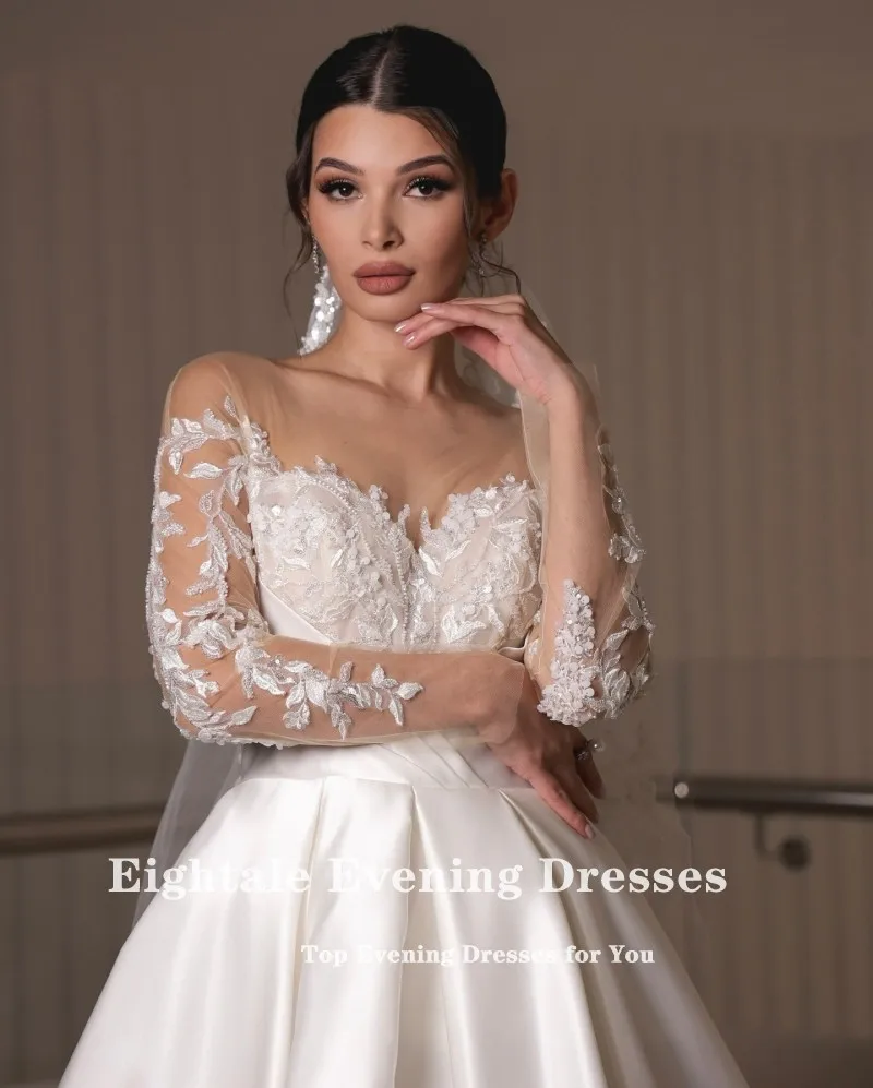 Eightale Nuovo Abito da Sposa O-Collo Personalizzato Bianco Avorio A-Line Appliques Pizzo Manica Lunga Abito da Sposa in Raso Robe De Mariée