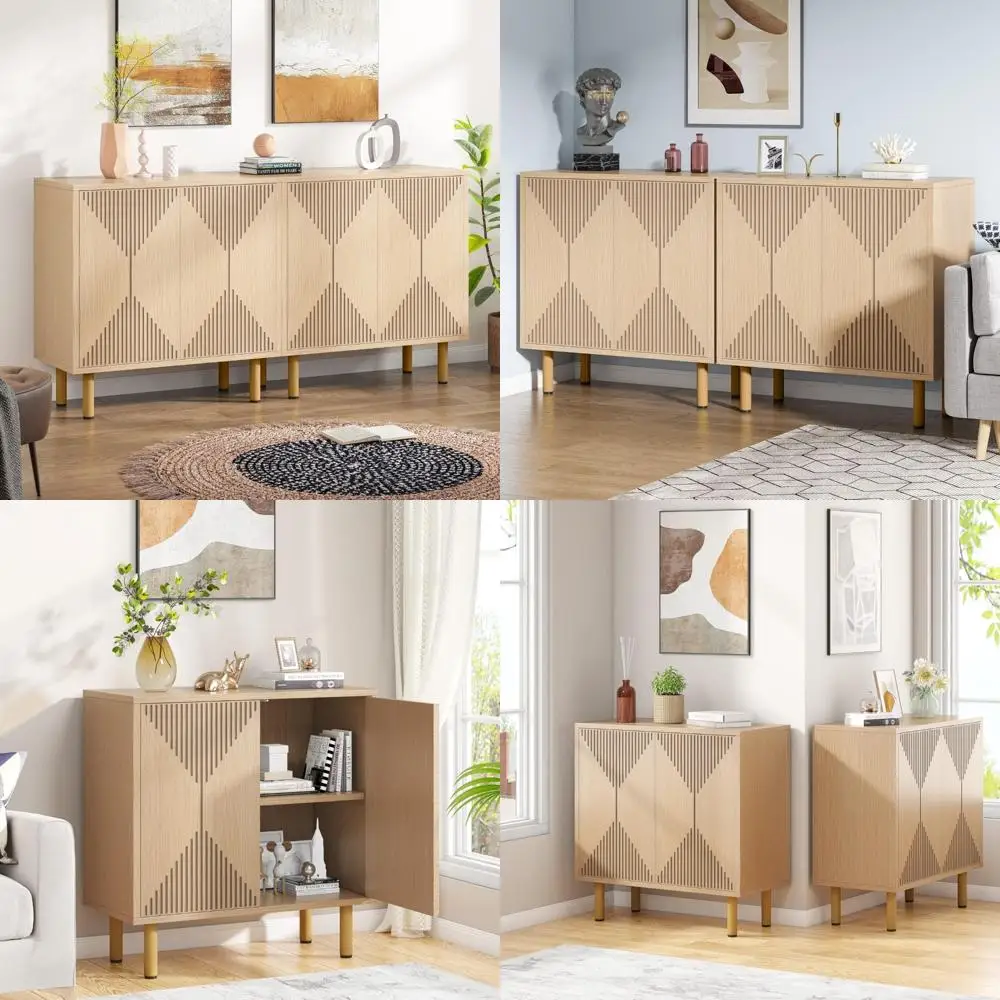 Contemporary Natural Wood Floor Cabinet Set, 59 Freestanding Buffet Sideboard Storage