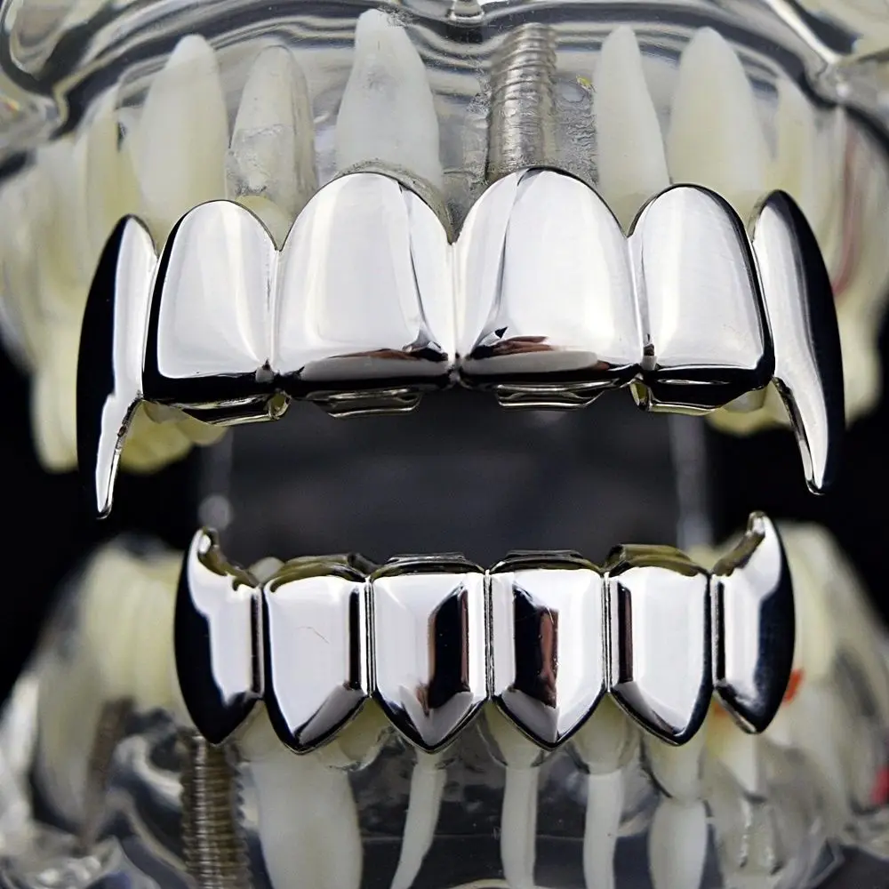 Gold Silver Plated HIP HOP Teeth Grillz Top & Bottom Grills Set With silicone Real Shiny Vampire Tooth Sets