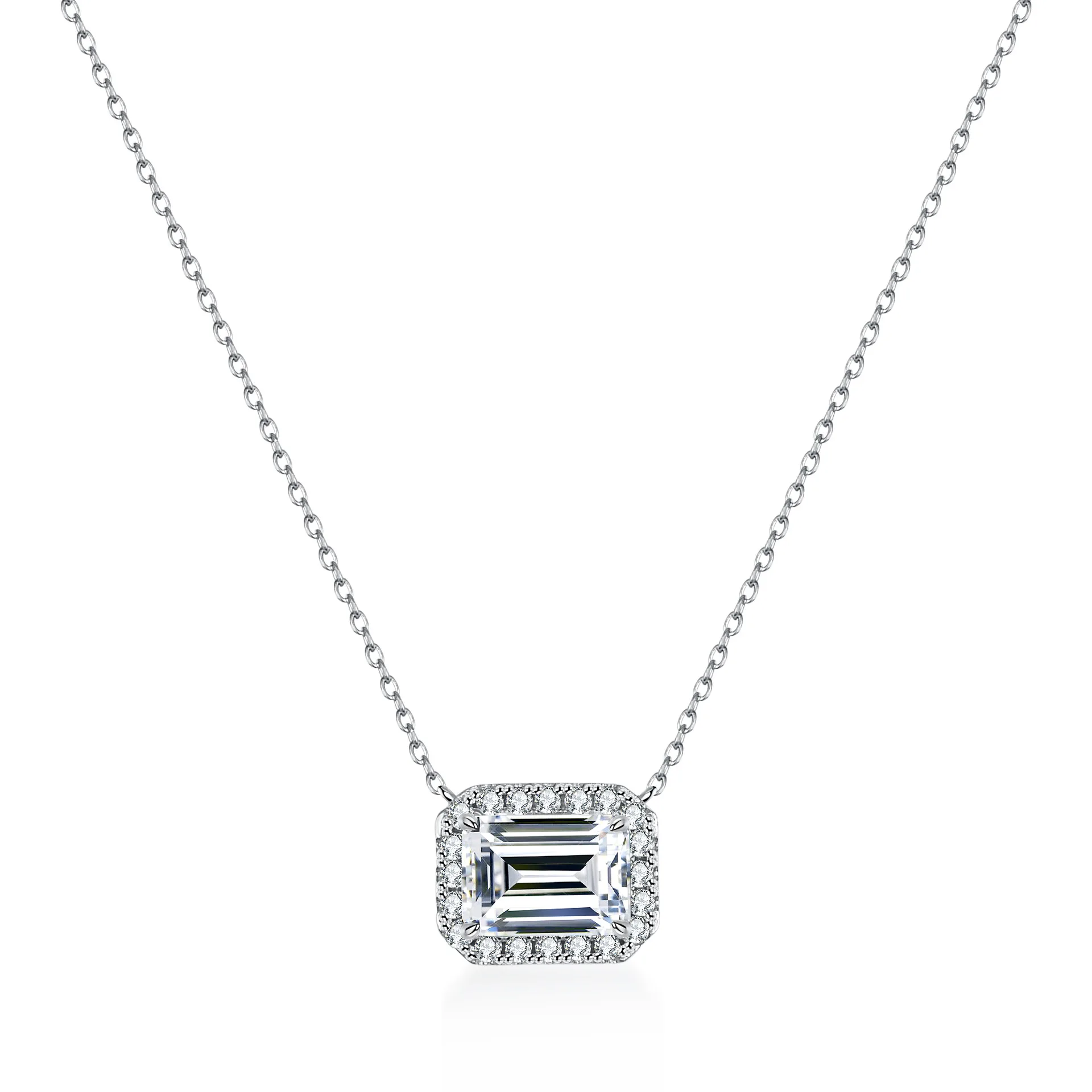 S925 Sterling Silver Necklace Female Emerald Cut Mozzarella Diamond Square Full Diamond Collarbone Chain