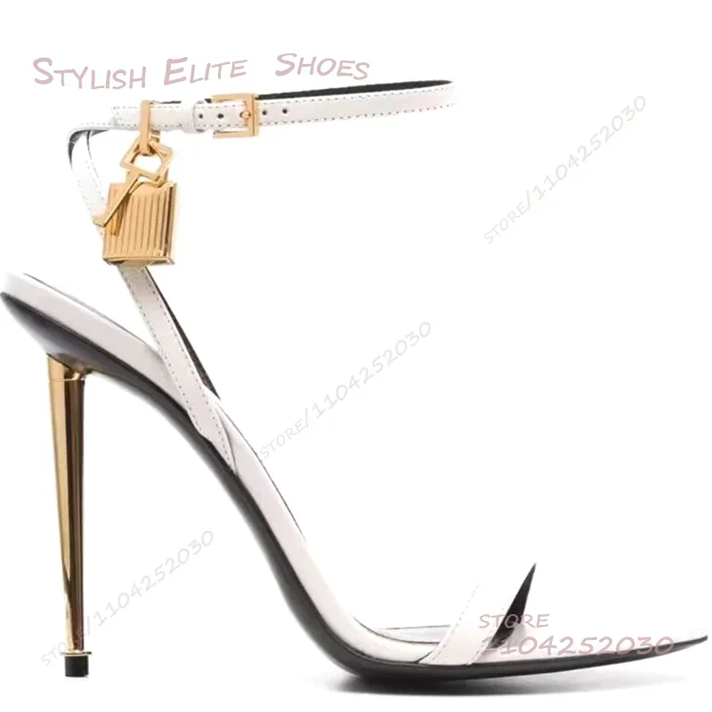 ゴールドメタルスティレットサンダル女性ロックチェーンブラックレザーヒョウグラフィティヒールバックルオープンヒールセクシーなシンプルなオフィスレディシューズ