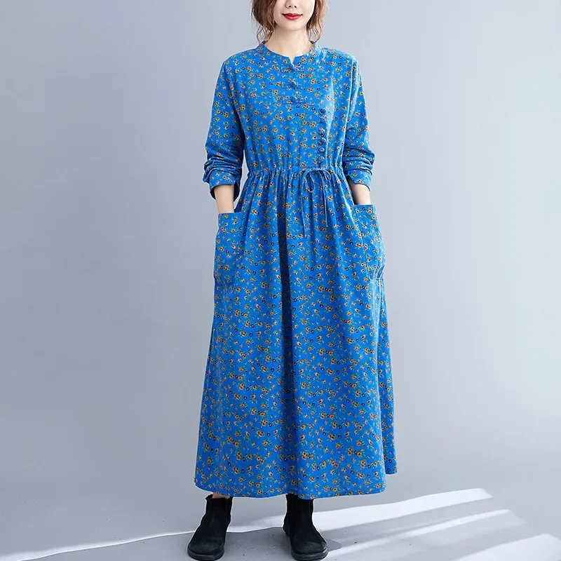 Vintage cotton linen ethnic dress women 2024 autumn baggy robe womens floral print oversized maxi long dresses female 11715