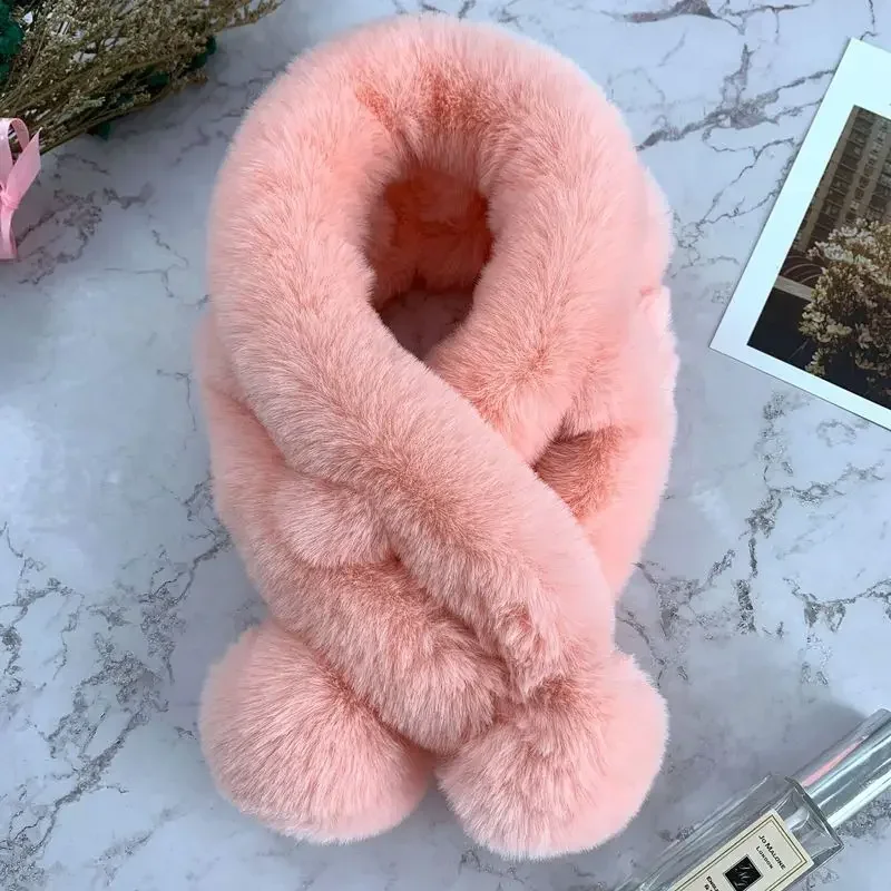 Fur Rabbit Plush Thick Warm Scarf Autumn and Winter New Fashion Solid Color Fur Ball Cross Student Children Clothes Accessories