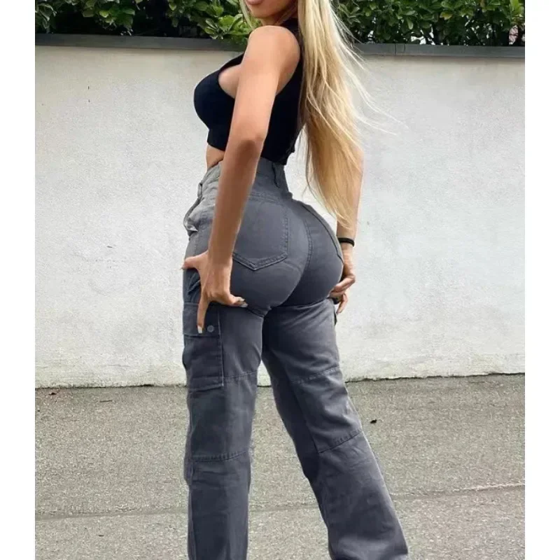 

Fashion Women Pocket Straight Denim Jeans Y2K Vintage Solid Color High Waist Washed Bootcut Jeans Bodycon Cargo Pants Trousers