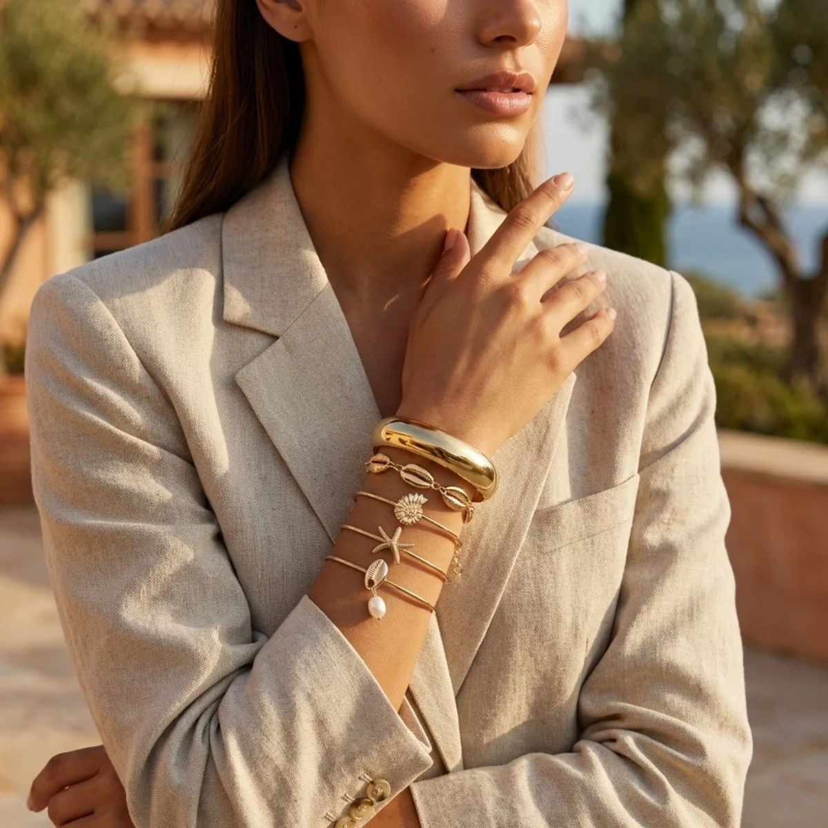 Böhmisches Mehrschichtiges Seestern-Muschel-Armreif-Set für Damen und Herren, Sommer-Strand-Urlaub, klobiger Armreif, Party-Schmuck – Detail 4