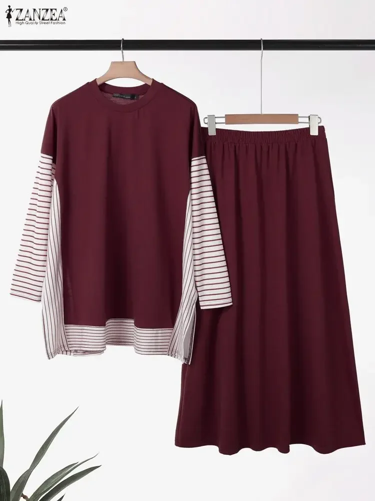 ZANZEA 2026 Spring Long Sleeve Patchwork Blouse Skirt Suit Knitted Matching Sets Winter Outfit Fashion Muslim Women 2 Piece Sets