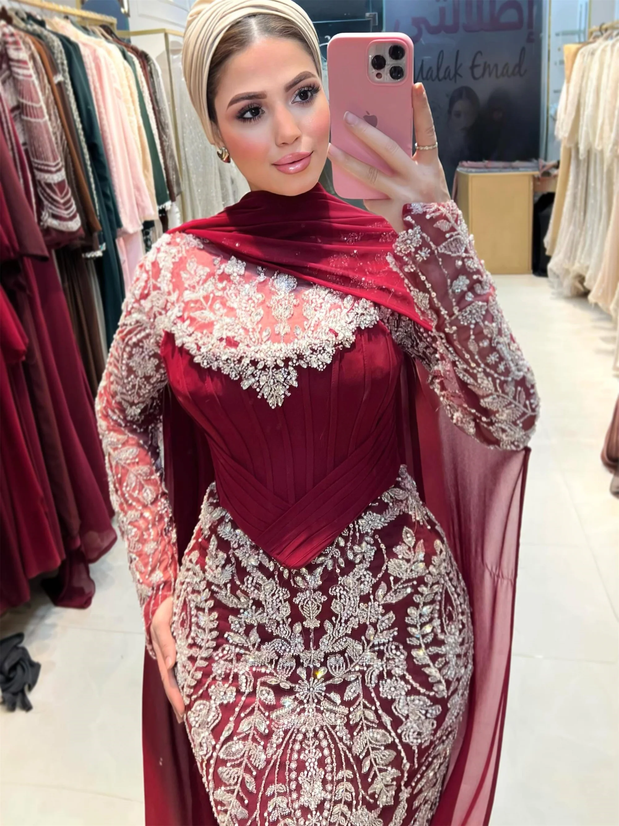 Dubai Muslim Beaded Evening Dresses Mermaid Burgundy Long Sleeves Formal Occasion Dresses Party Gowns Robes De Soirée Customized