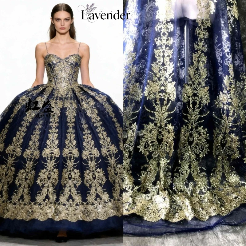 Translucent dark blue bronzing large flower sequined fabric bronzing hot diamond wedding dress sequined wedding fabric fabric