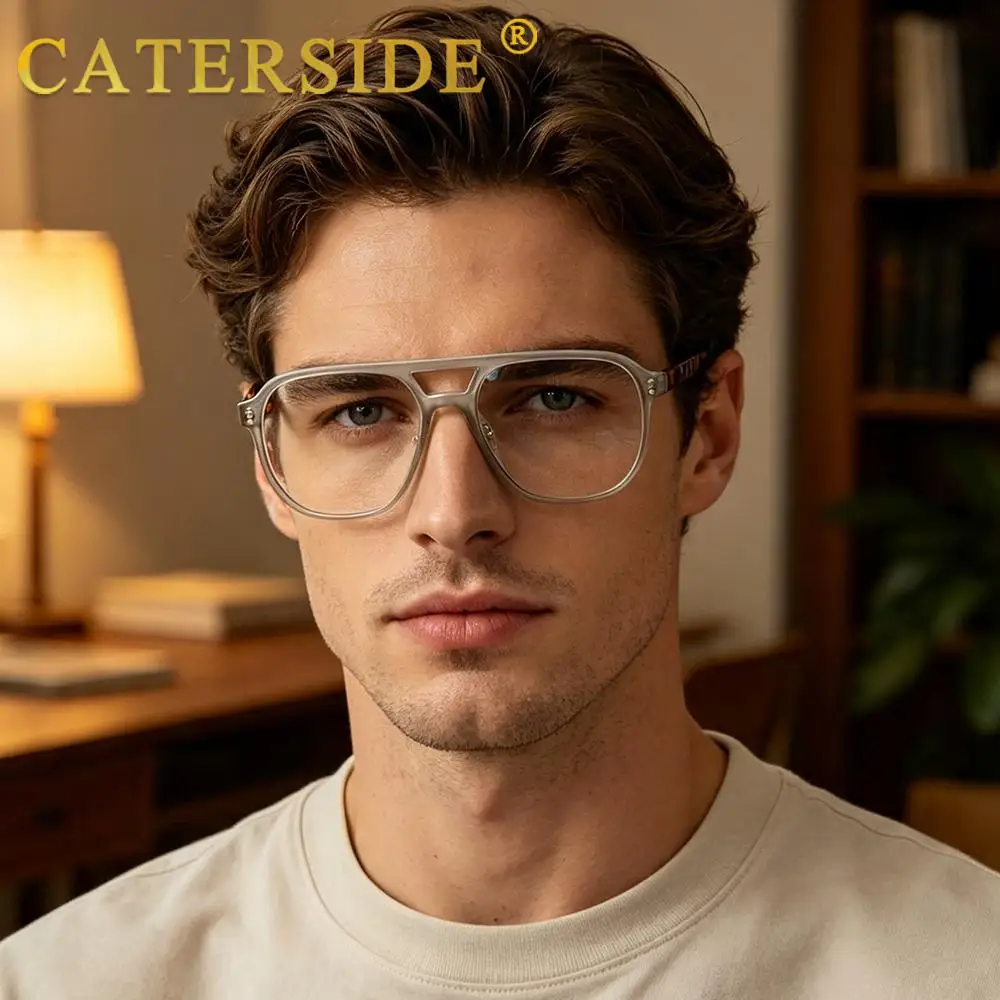 CATERSIDE Modische Herren-Pilotenbrille mit Blaulichtfilter, Flachrand-Design mit Doppelbrücke, Brillengestell, Damen-Dekorationsbrille – Detail 3