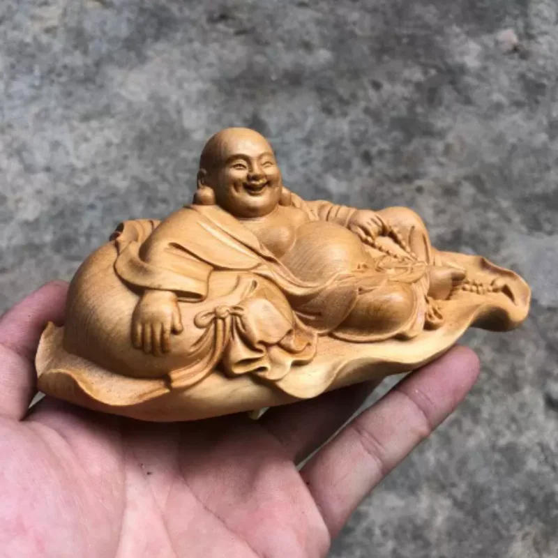 Cliff Cypress Wood Carved Laughing Buddha Statue - Feng Shui Lucky Bag Maitreya Figurine, Home & Car Desktop Auspicious Decor view 3