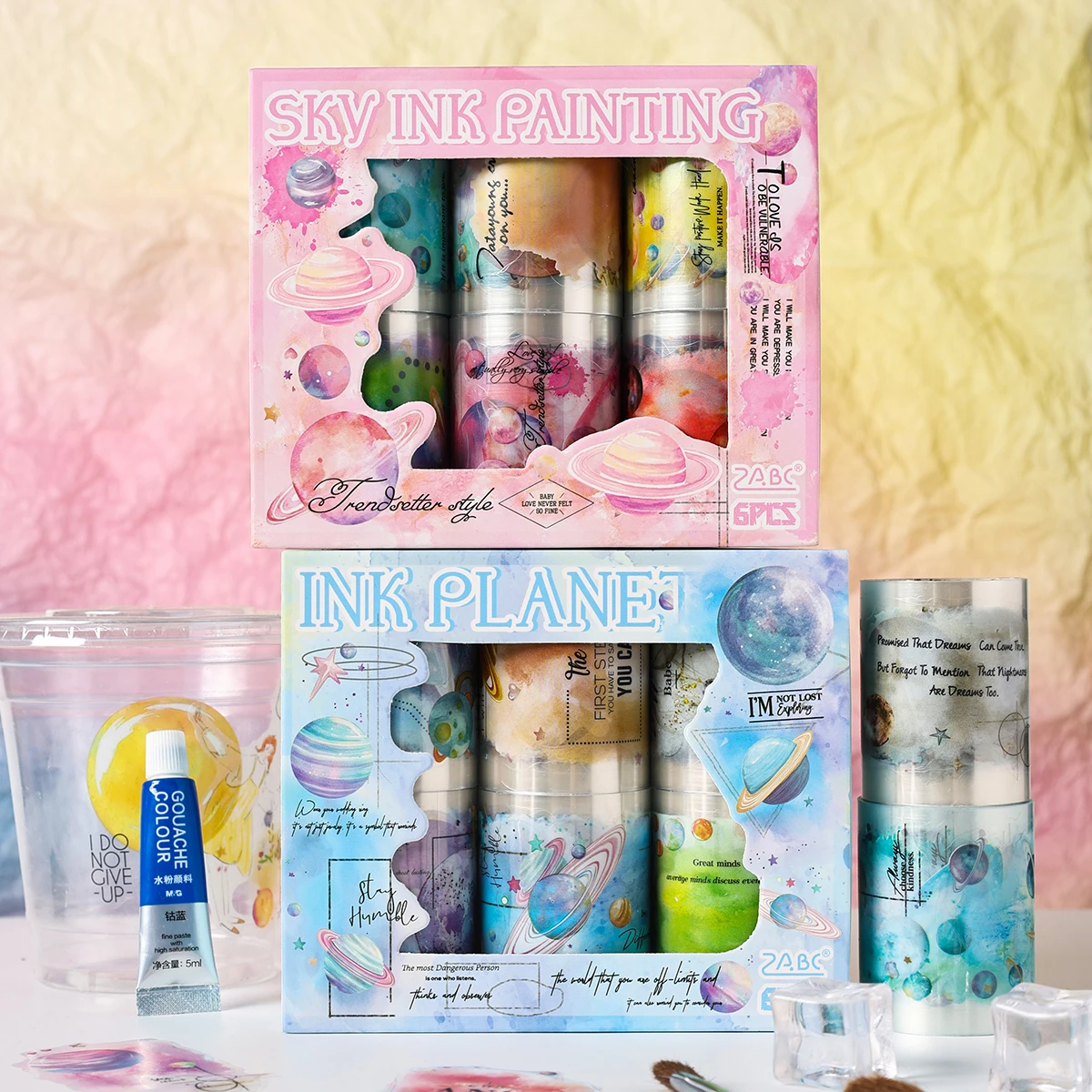 

6 rolls/box of watercolor gradient element sticker set, colorful moon and planet patterns, DIY notebook decoration sticker rolls