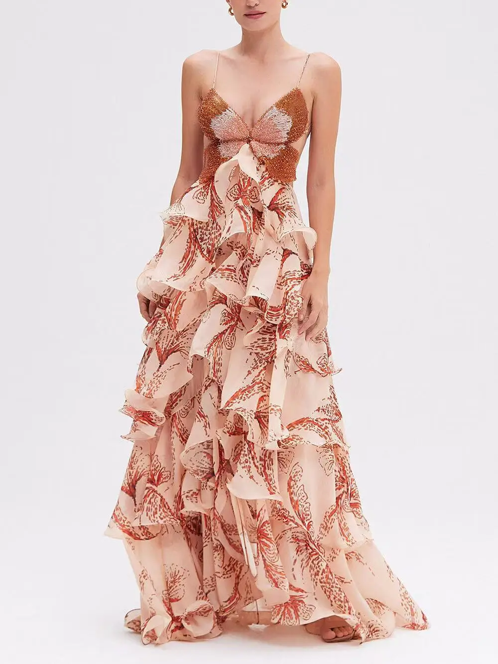 シックな蝶プリントフリルプリーツドレス女性セクシーな V ネックバックレスタイアップロングドレス夏ノースリーブ中空アウトボヘミアンティアード