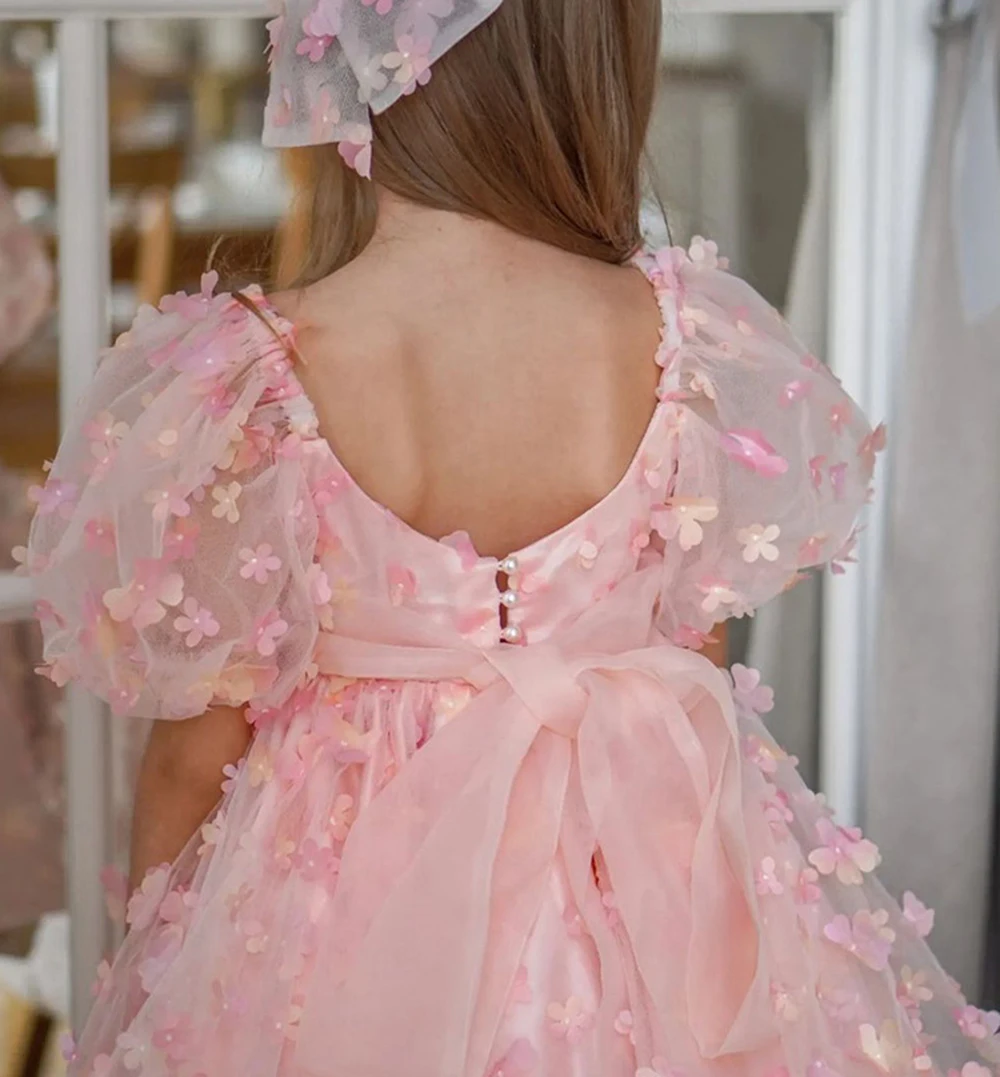 Pink Flower Girl Dresses Little Girl's Birthday Party Gowns 3D Flowers Short Lantern Sleeves Baby Kids First Communion Dresses