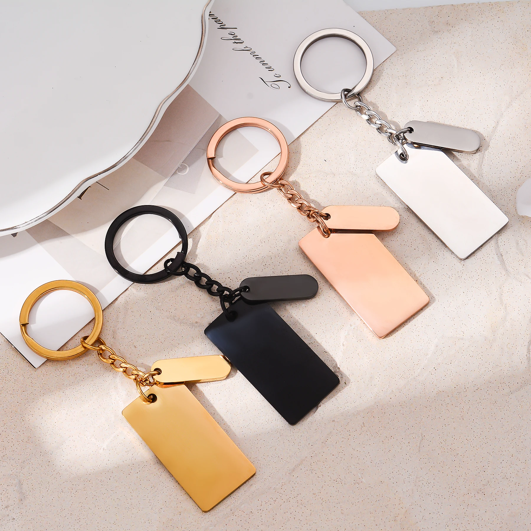 

10Pcs High Quality Stainless Steel Keychains Mirror Polished Geometric Rectangular Pendant Keyring Custom Logo Name Wholesale