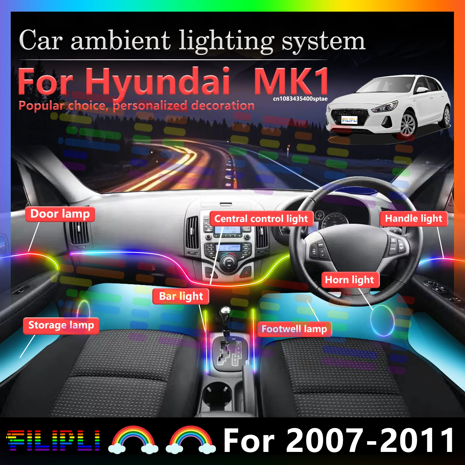 

6 In1 for Hyundai i30 series FD Car LED Ambient Lamps Colorful Atmosphere Light Auto Interior Neon Strip 64 RGB Lighting 12V APP