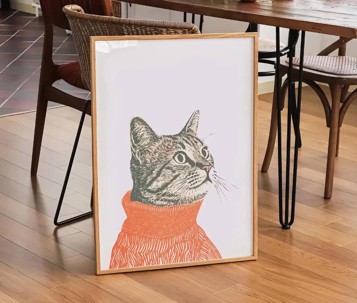 Retro Cat Wall Art Print,Mid-Century Linocut Tabby Cat Art,Cat Sweater Illustration,Vintage Poster,Boho Eclectic Minimal Decor,C