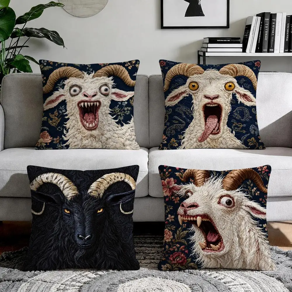 Funny Goat Shriek Design Cushion Cover Natural Breathable Durable Linen Printed Decor Pillow Case Sofa Bedroom