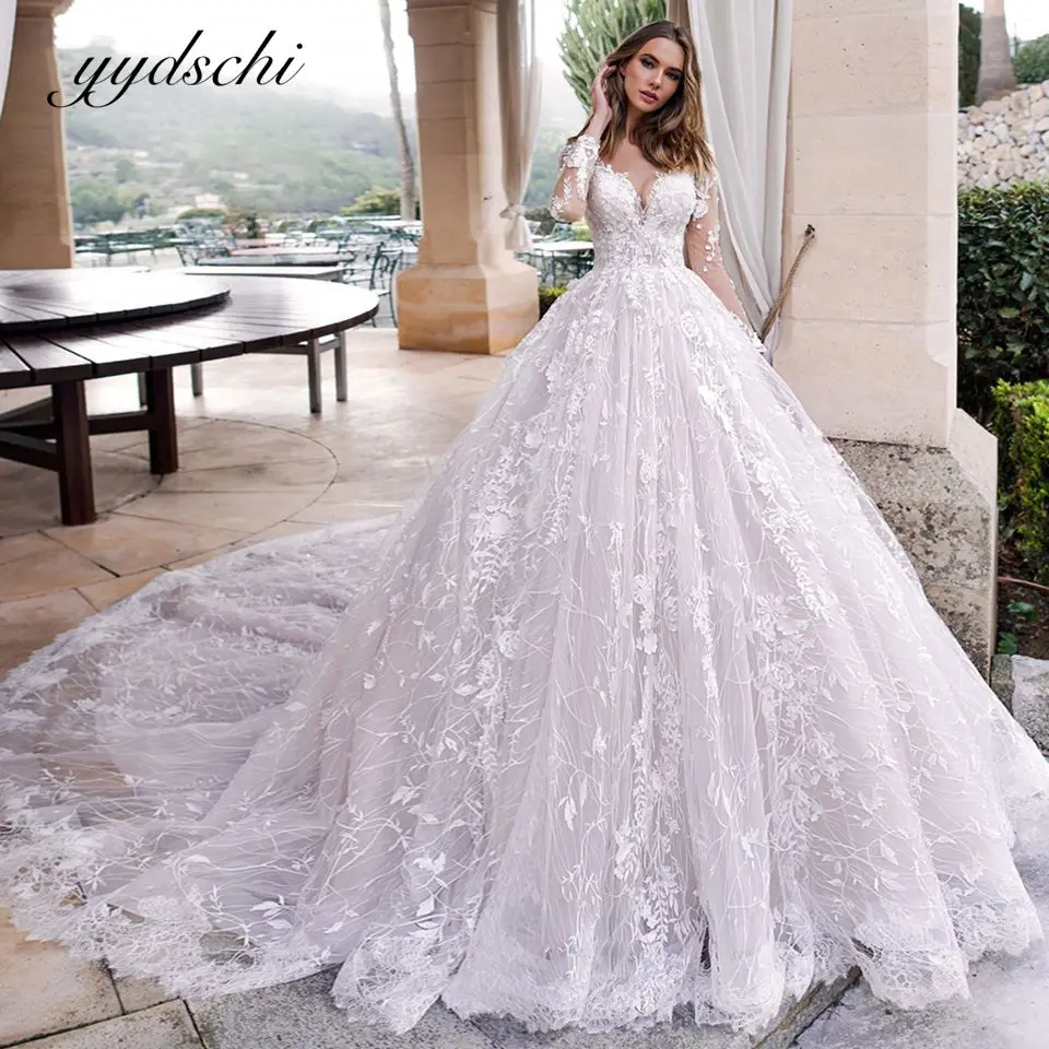 

2022 Luxury Wedding Dresses For Women Elegant Long Sleeves V-Neck Bridal Dress illusion Appliques Court Train Vestidos De Novia