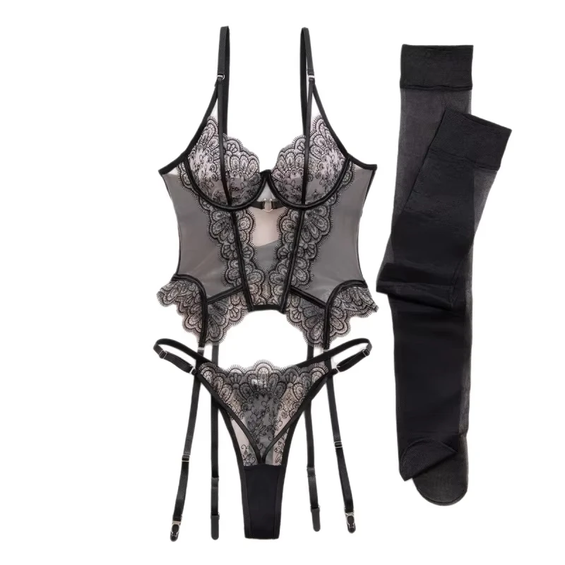 Bikini with eyelash lace embroidery, sheer mesh long tank top and panties two-piece set with stockings