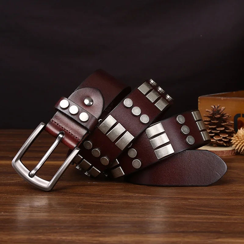 

3.8CM men's belt first layer cowhide rivet personality casual punk hip hop niche motorcycle leather belt men