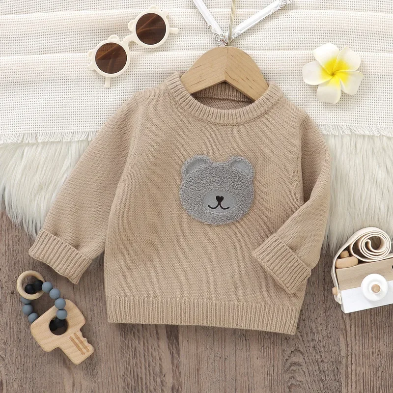 Baby Boy Girl Knit Sweater Autumn Winter Clothes Bear Embroidery Crew Neck Long Sleeve Pullover Tops