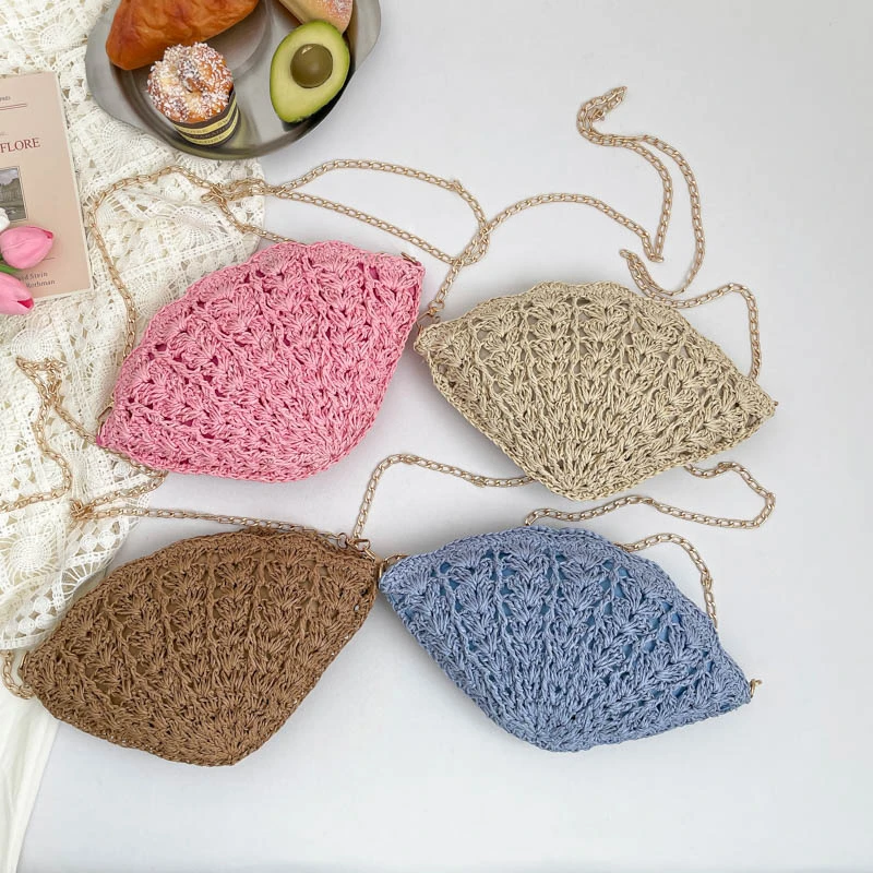 

Летняя сумка через плечо в форме ракушки из плетеной соломки с цепочками, молодежная, для отпуска, ручной работы, вязаная крючком, пляжная сумка для женщин