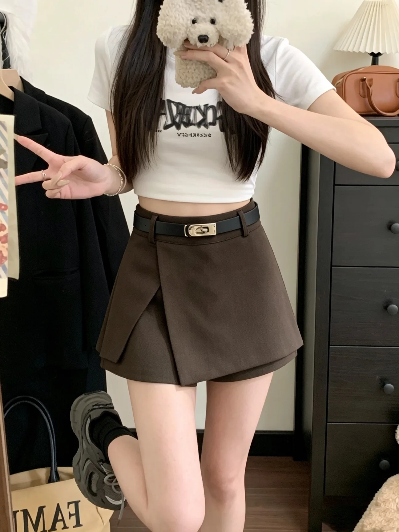 High Waist A-Line  Skirt for Women with Belt Khaki Color Slimming Versatile Short Skirt Korean Style Autumn New Arrival