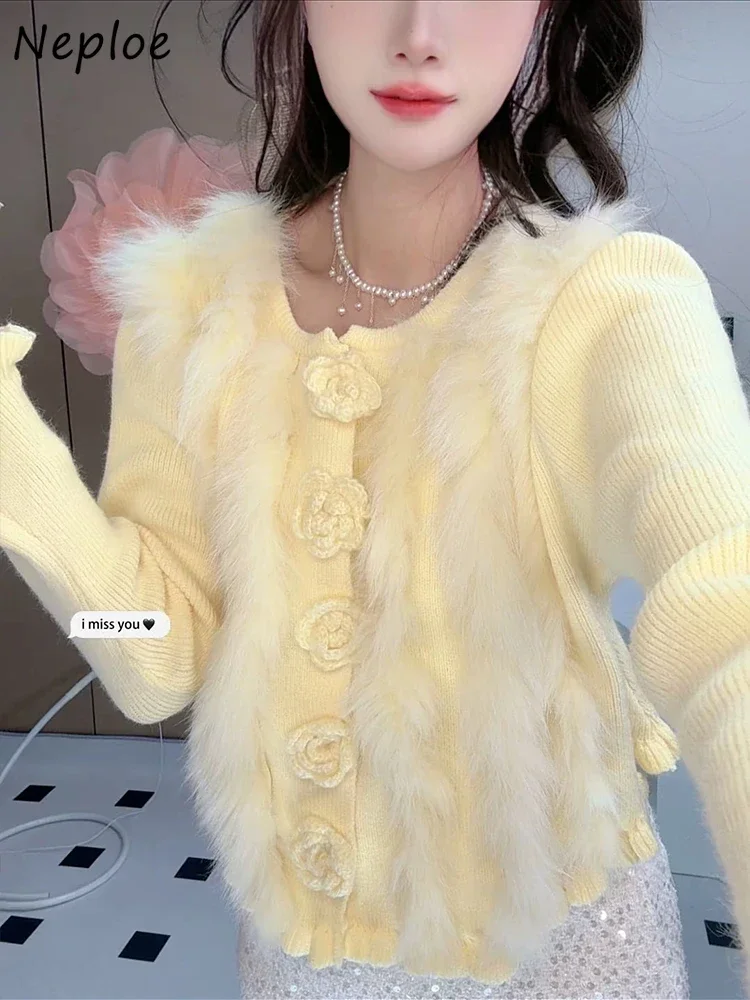 Neploe Fox Fur Exquisite Patchwork Warm Jumper 3D Flower Fluffy Korea Chic Loose Fungus Cardigan Knit Flare Sleeve Pull Femme