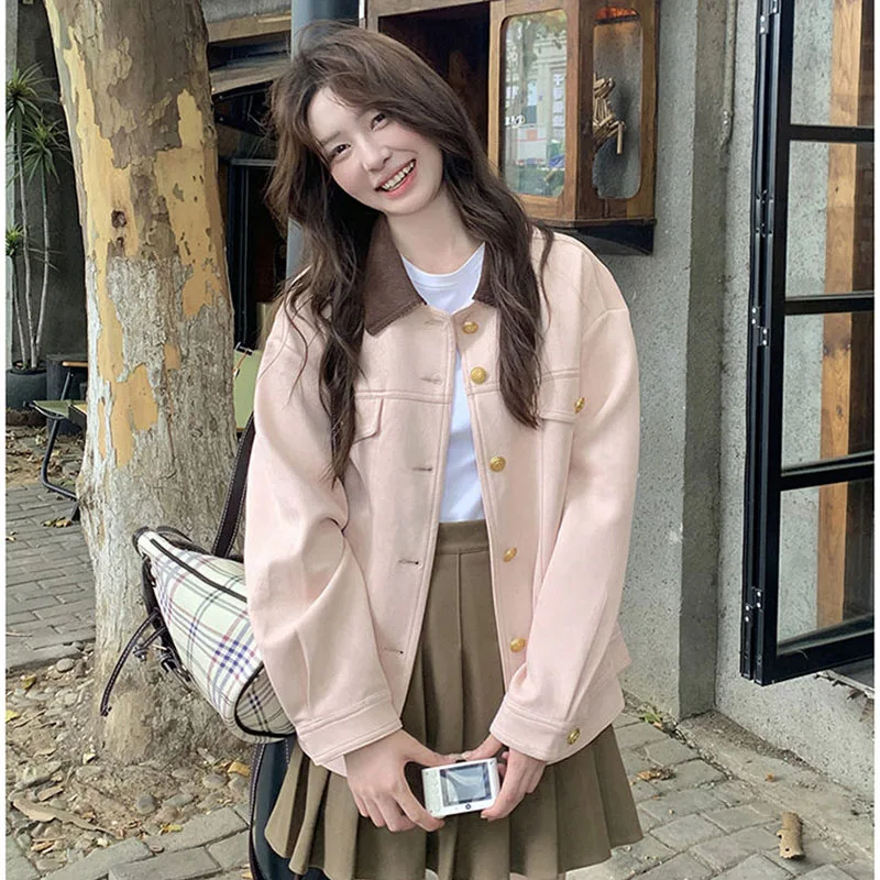 

Весенне-осенняя женская куртка с длинными рукавами, французская женская модная однотонная замшевая верхняя одежда, 2025 г., женское высококачественное повседневное свободное пальто