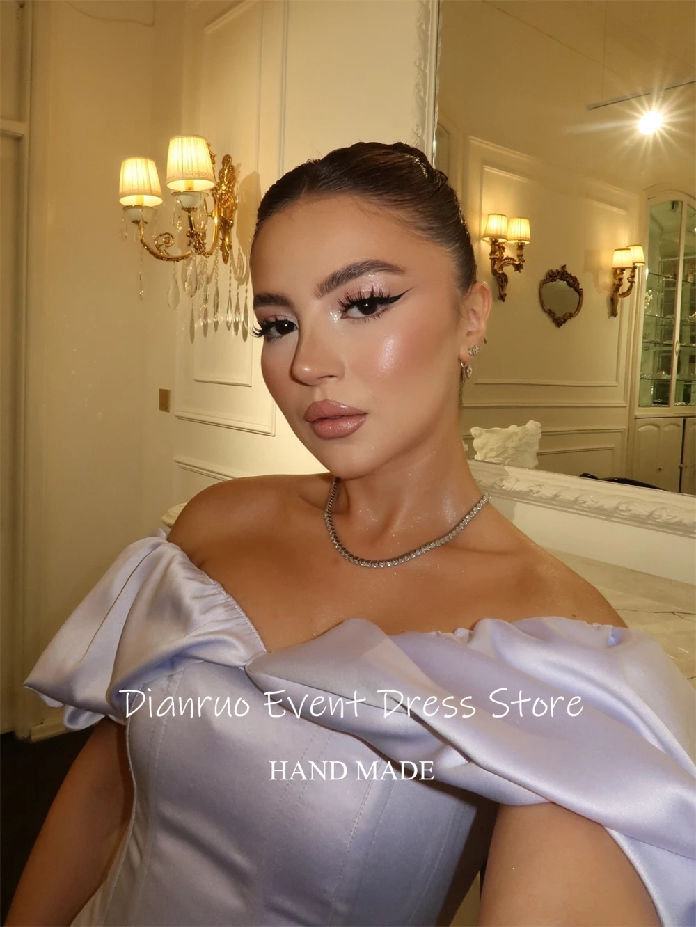 فستان Dianruo بأكمام منتفخة للحفلات الراقصة فستان قصير غير متماثل لحفلات العودة للوطن من الساتان بدون أكتاف فيستدوس دي بودا بارا فييستاس مخصص #4