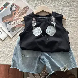 Boy's Cartoon Headphones Printed Sleeveless T-shirt Cotton Baby's Casual Korean Version Cool Handsome Little Street Vest