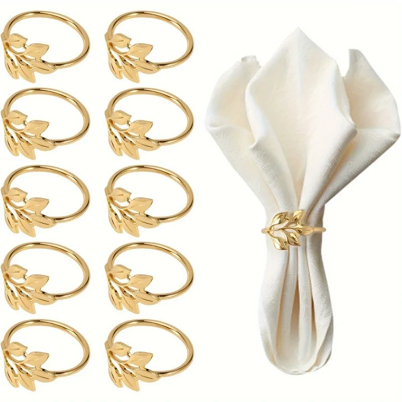 6/12/20pcs Leaf Shaped Zinc Alloy Napkin Ring, Gold Finish Decorative Serviette Holder for Events