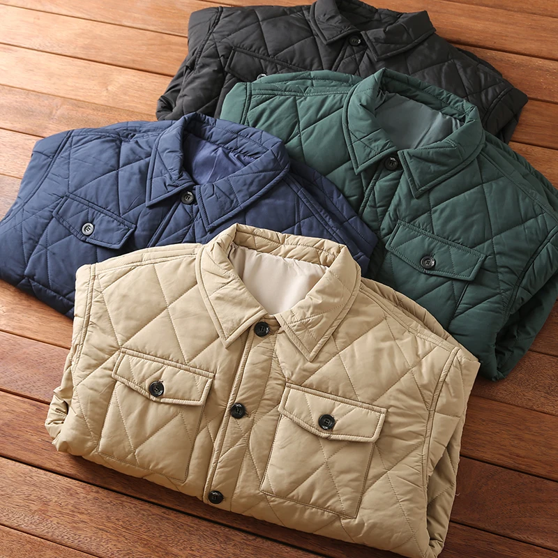 

Retro Diamond Stitching Cotton Jaet for Men Workwear Sle Collared Coat Faionable Urban Casual Loose Fit Winter Outerwear