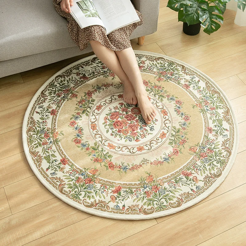 Round Carpet Rug160Cm Cotton For Kidsroom Bedroom Retro European Jacquard Woven Rug Washable Home Computer Chair Mat Nonslip