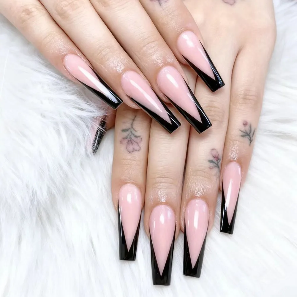 

24Pcs Super Long French Tips False Nails With Glue Natural Pink Acrylic Press On Fake Nail Ballerina Manicure Accessories