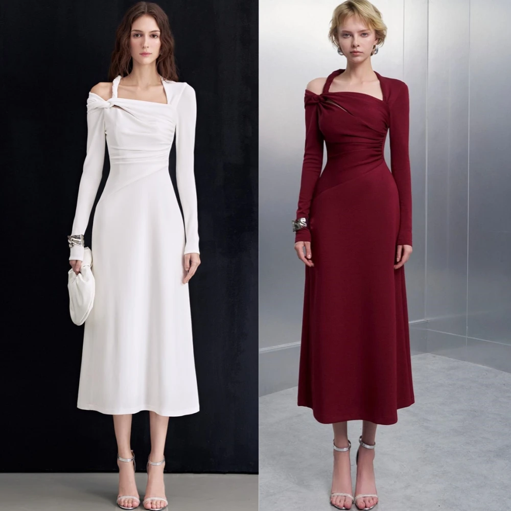 

Customized Temperament Jersey Long Sleeves Evening Dress Delicate Ankle Length Homecoming Dress Modern Boat Neck Prom Dress