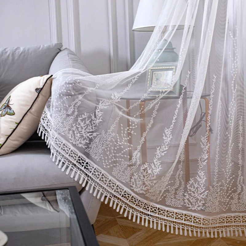 

Nordic Embroidered Tulle Curtains for Living Room and Bedroom White Yarn Semi-shading Tulle Windows Partition customize