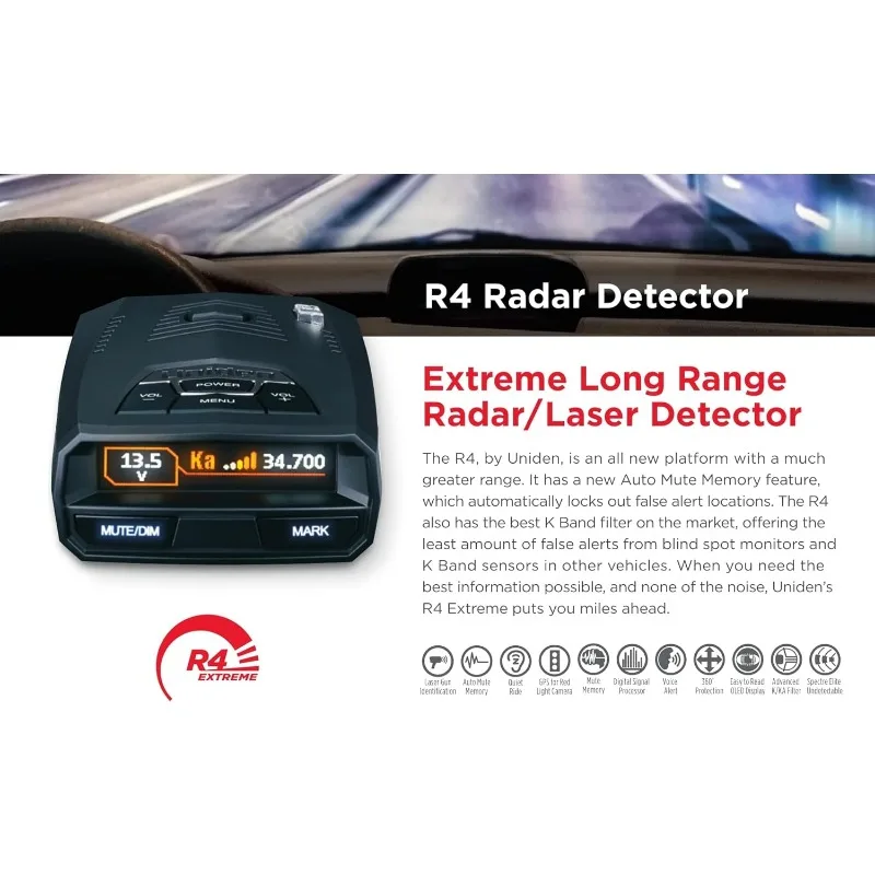 R4 Extreme Long-Range Laser/Radar Detector, Record Shattering Performance, Built-in GPS w/AUTO Mute Memory, Voice Alerts