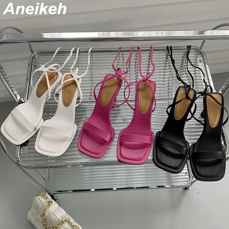 Aneikeh 2025 Summer Fashion High Heel Lace up Gladiator Sandals up Square Toe Open Toe Women\'s Dress Party Pumps Shoes