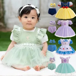 Baby Girl's Three-Piece Halloween Theme Poker Print Dress Blue Short-Sleeved Outfit for Parties Birthdays Photo Shoots