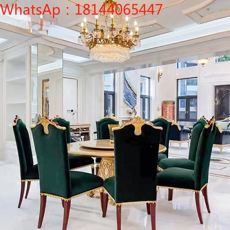 European style dining table and chair combination solid wood gold foil fabric round brown wood veneer parquet dining table