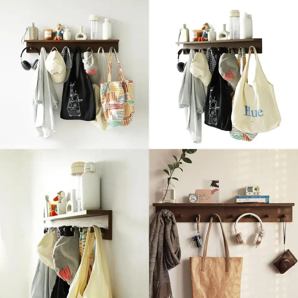 

Wall-Mounted Wooden Coat Rack with Shelf and 4 Hooks for Home Entryway, Mudroom, Kitchen, and Bathroom (2-Pack, Walnut)