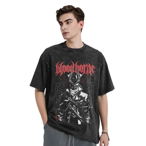 Imagen 2 del producto Camiseta lavada Harajuku, camiseta Vintage Merch de videojuegos Bloodborne, ropa de calle de gran tamaño, camiseta gráfica de manga corta