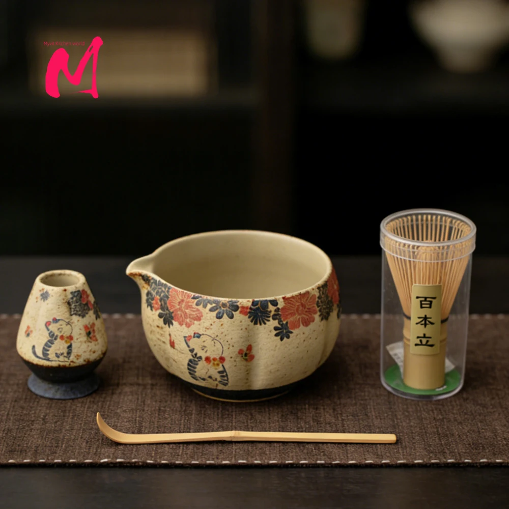 Japanese Matcha Set Flint Red Matcha Making Set Whisk Teaspoon Ceramic Bowl Traditional Tea Sets Matcha Bowl Tea Tools Gifts