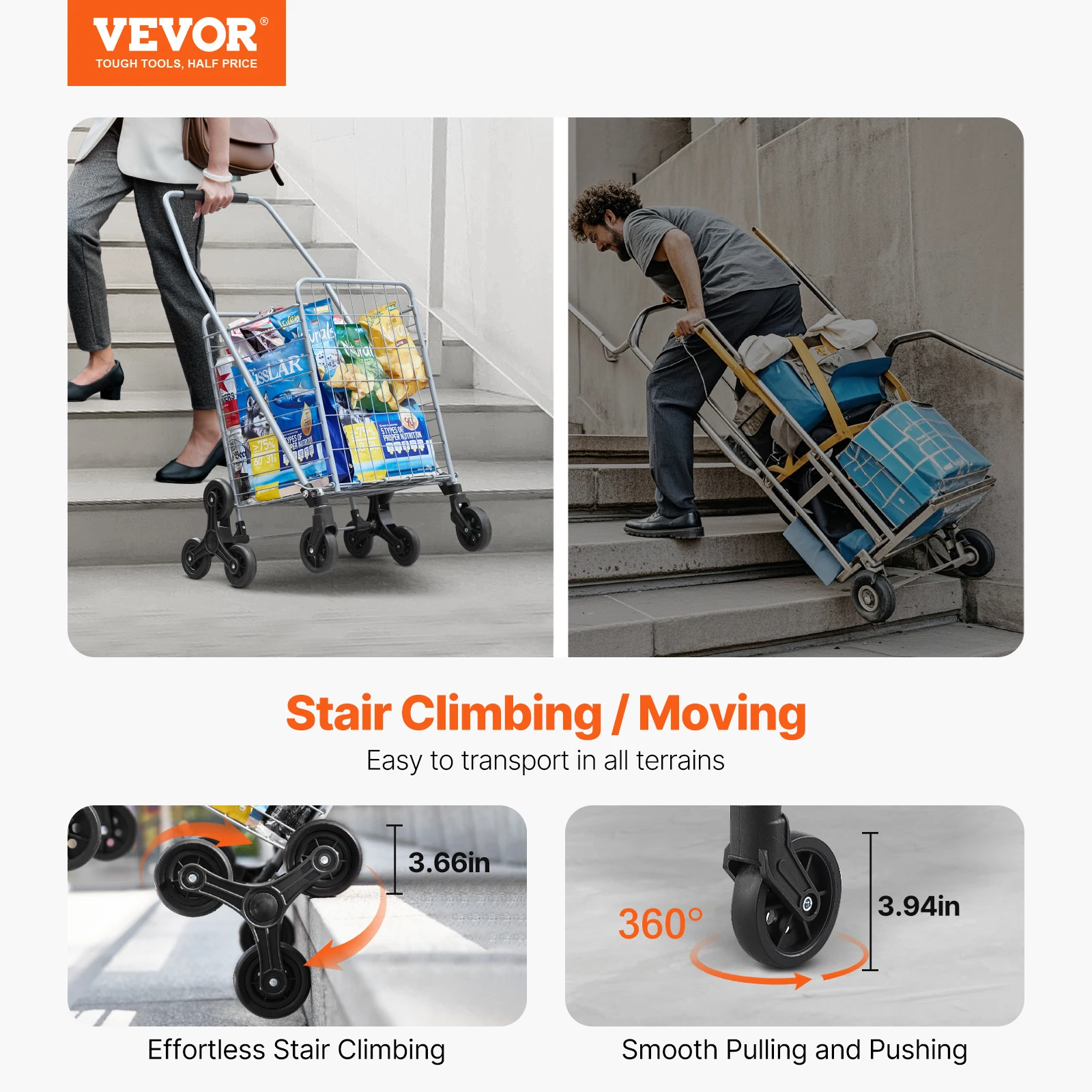 VEVOR 88lbs Folding Shopping Cart Light-weight Storage Stair Climbing Utility Cart with Wheels Outdoor Travel Picnic Handcart