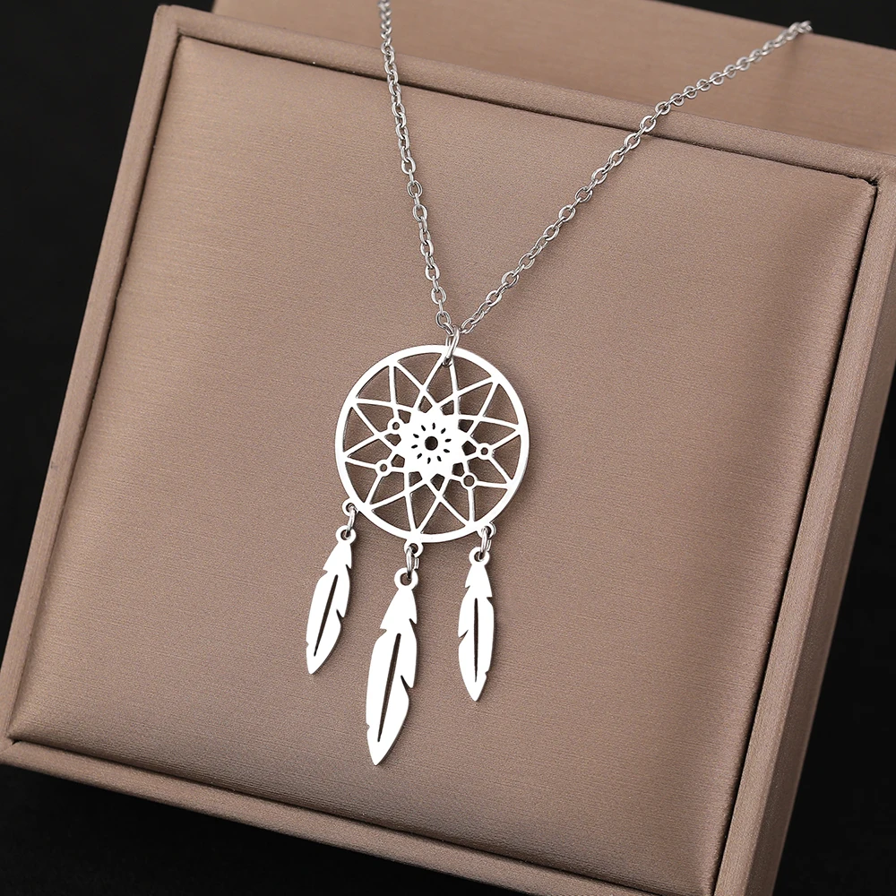 Stainless Steel Necklaces Vintage Geometric Circle Exquisite Feather Dream Catcher Pendant Chain Necklace For Women Jewelry Gift