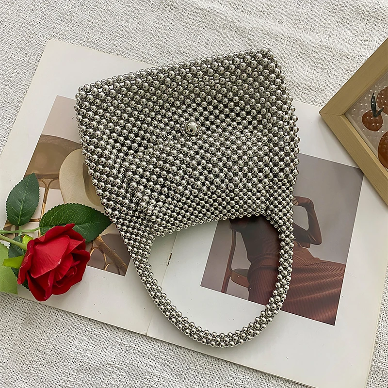 Retro fashion silver sparkling lightweight portable handmade bead bag handbag casual versatile woven bag dinner bag